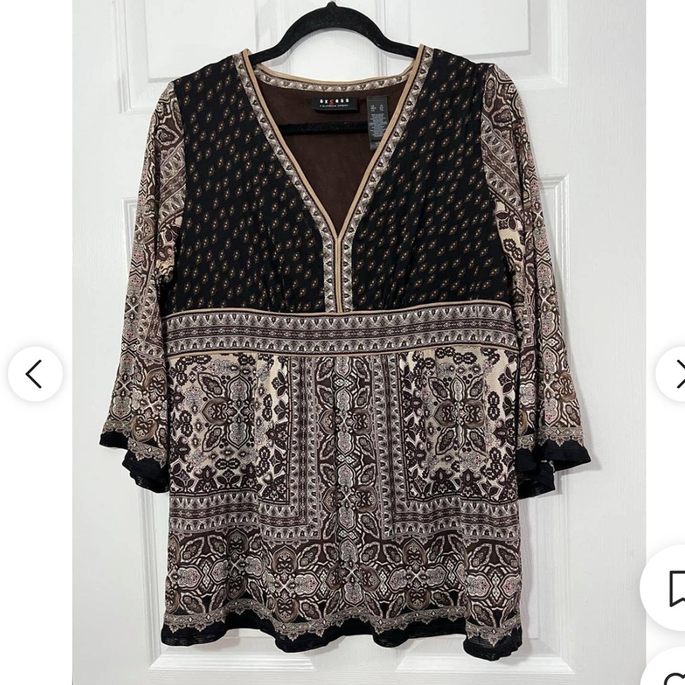 Axcess Blouse Women’s 3/4‎ sleeve boho V-neck boho brown/cream print medium